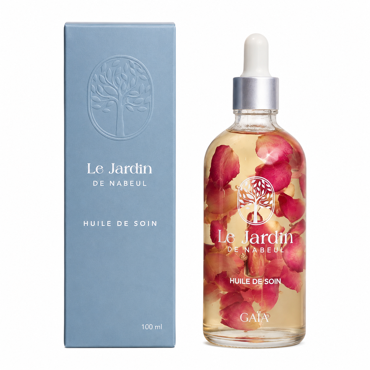 Le Jardin de Nabeul, Huile de Soin, flacon en verre et coffret bleu ciel, 100 ml.