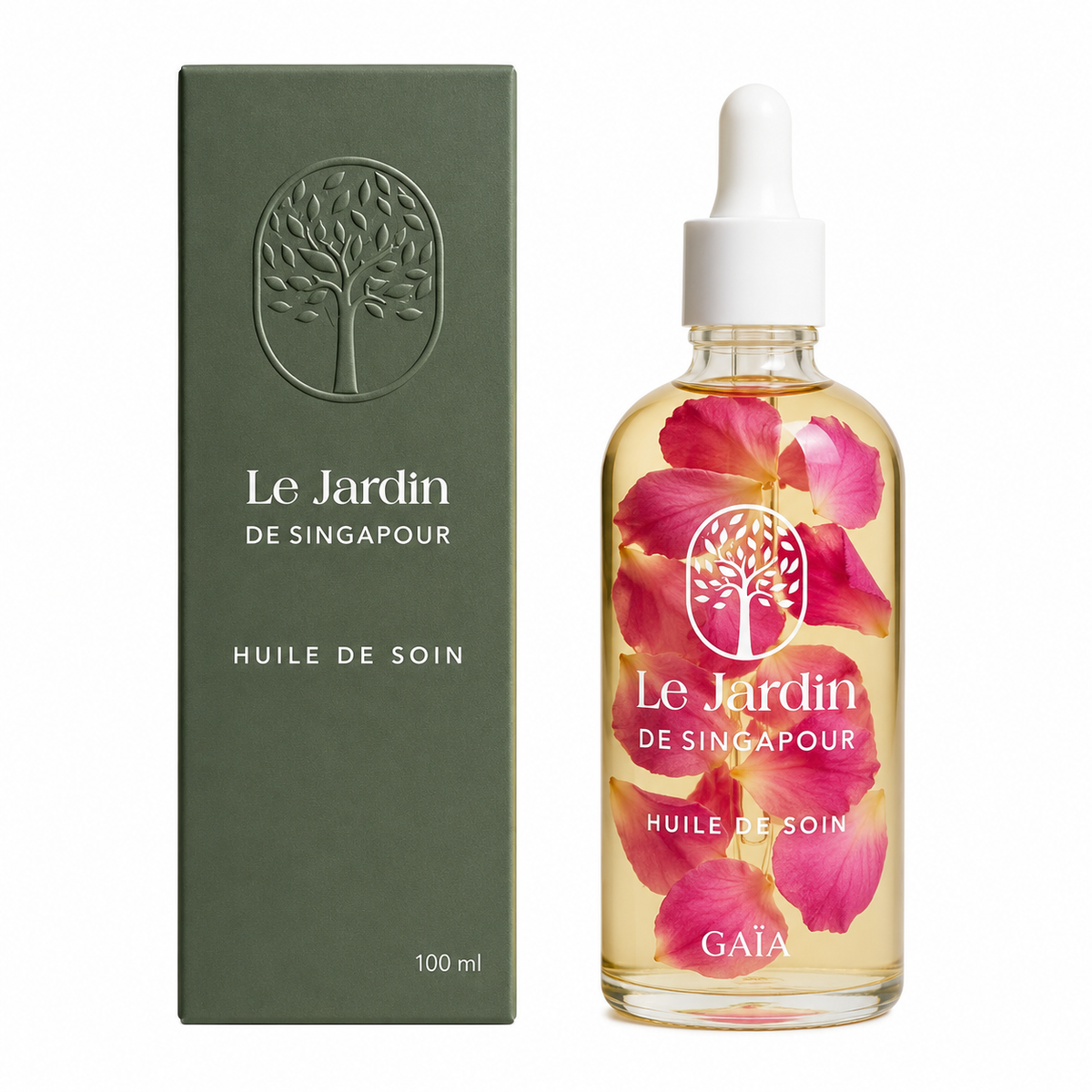 Le Jardin de Singapour, Huile de Soin, flacon aux pétales de rose de Damas.