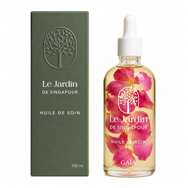 Le Jardin de Singapour, Huile de Soin, flacon aux pétales de rose de Damas.