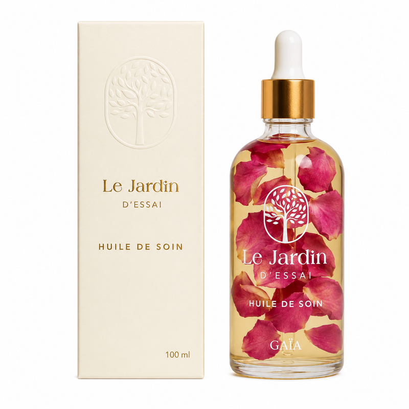 Le Jardin d'Essai, Huile de Soin, flacon en verre et coffret ivoire, 100 ml.