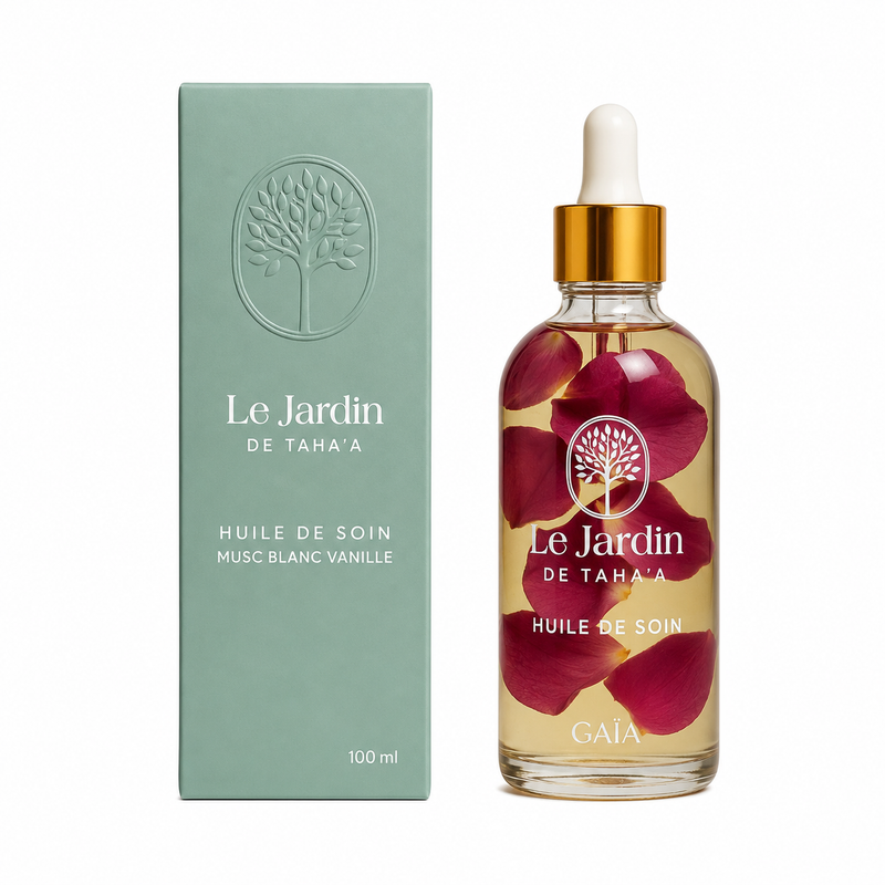 Le Jardin de Taha'a, Huile de Soin, flacon en verre et coffret vert sauge, 100 ml.