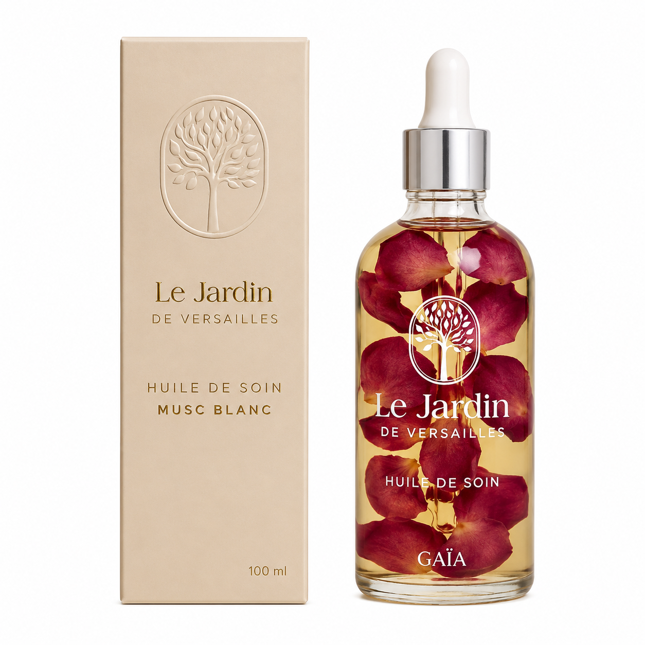 Le Jardin de Versailles, Huile de Soin, flacon en verre et coffret beige, 100 ml.