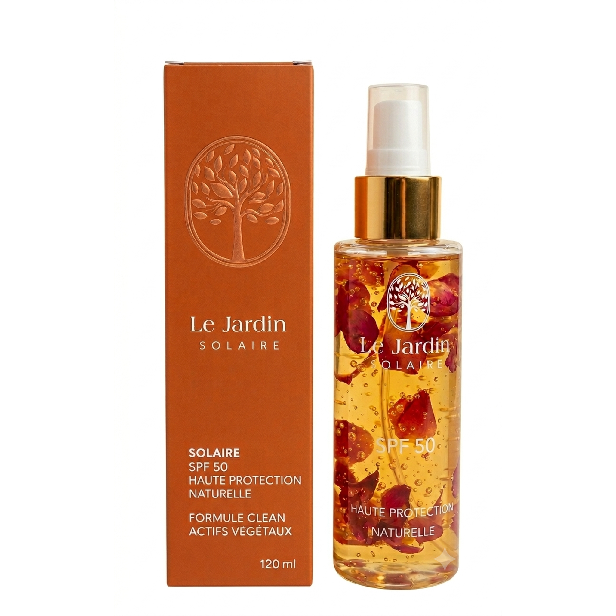Le Jardin Solaire, Huile SPF50, flacon terracotta, 120 ml.