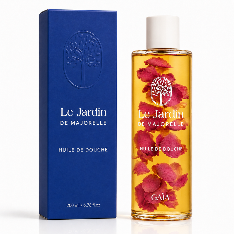 Le Jardin de Majorelle, Huile de Douche, flacon ambré aux pétales de rose de Damas, étui bleu roi, 200 ml.