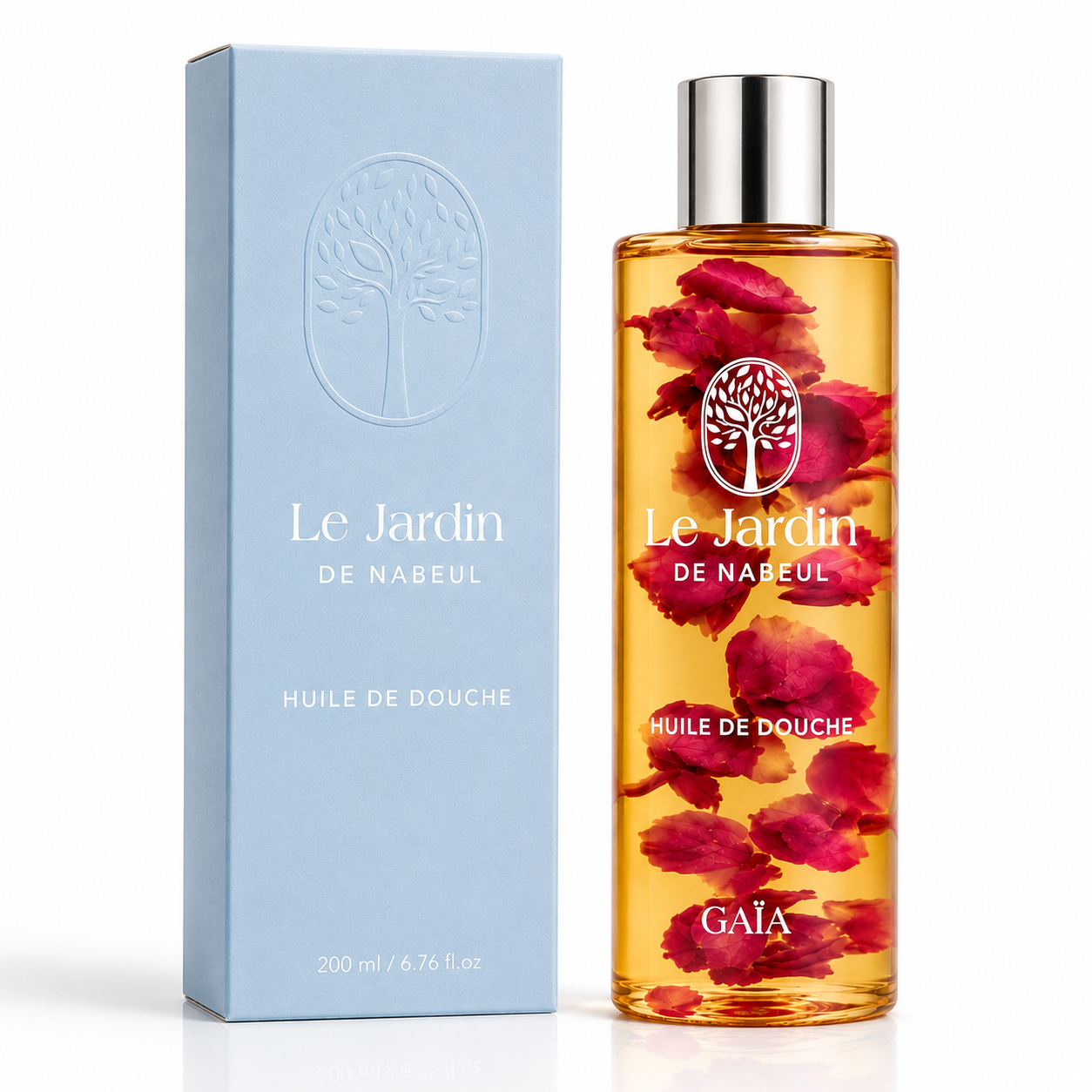 Le Jardin de Nabeul, Huile de Douche, flacon ambré aux pétales de rose de Damas, étui bleu ciel, 200 ml.