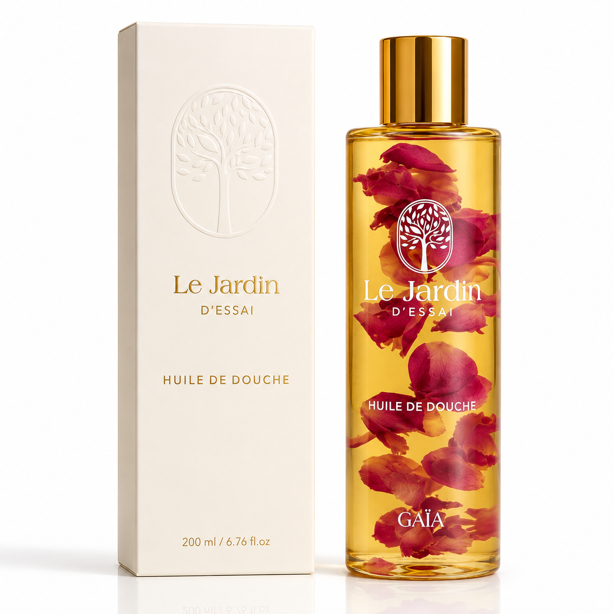Le Jardin d'Essai, Huile de Douche, flacon ambré aux pétales de rose de Damas, étui ivoire, 200 ml.