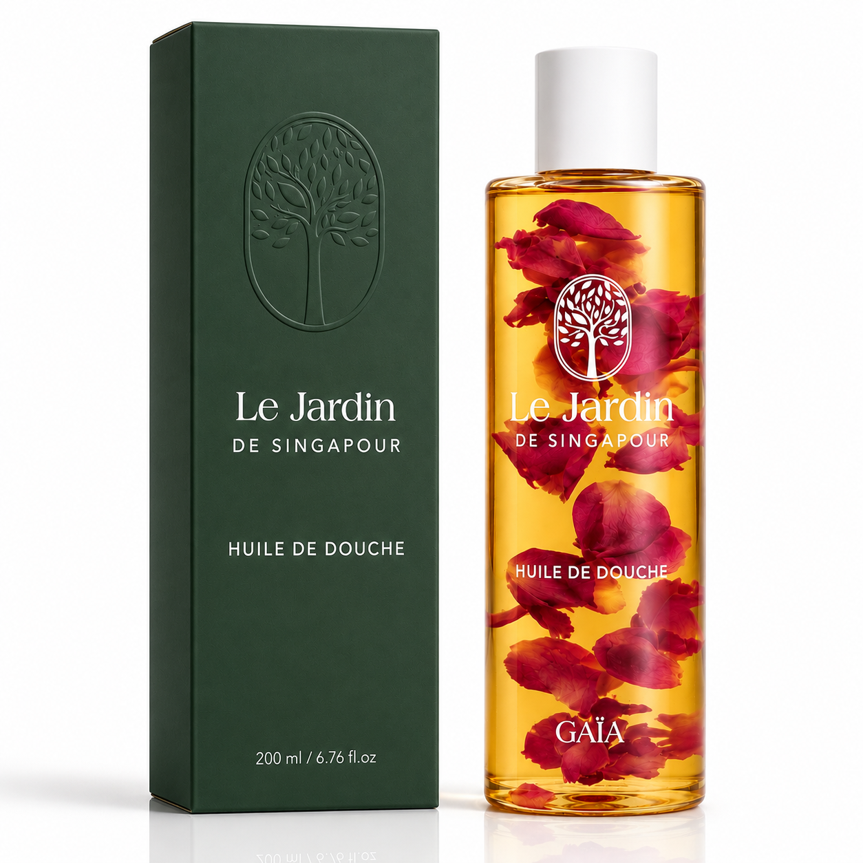 Le Jardin de Singapour, Huile de Douche, flacon ambré aux pétales de rose de Damas, étui vert profond, 200 ml.