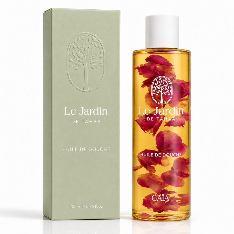 Le Jardin de Tahaa, Huile de Douche, flacon ambré aux pétales de rose de Damas, étui vert sauge, 200 ml.