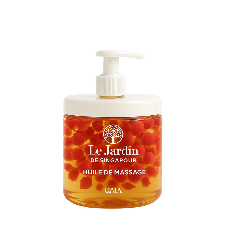 Huile de massage naturelle à l'orchidée, avec de véritables pétales suspendues de Rose de Damas  – Collection Singapour, Le Jardin Paris