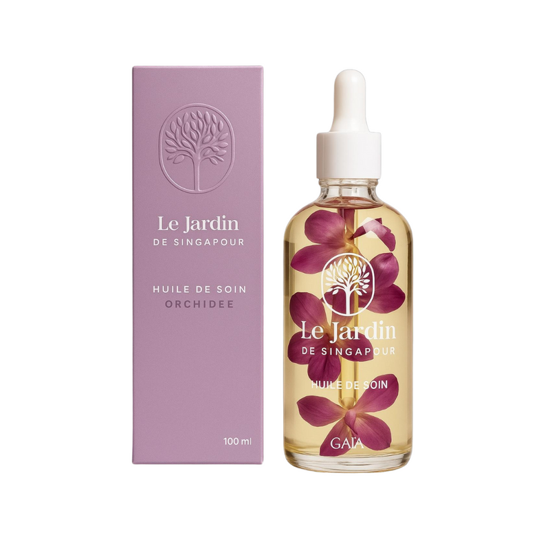 Huile de soin naturelle à l'orchidée, avec de véritables pétales suspendues de Rose de Damas  – Collection Singapour, Le Jardin Paris