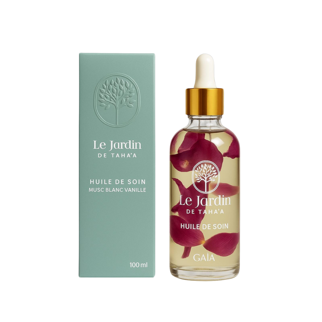 Huile de soin naturelle au musc blanc et vanille, avec de véritables pétales suspendues de Rose de Damas  – Collection Tahaa, Le Jardin Paris