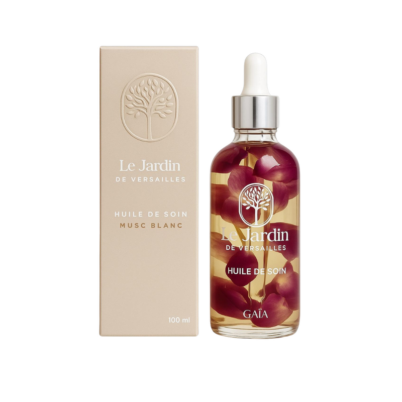 Huile de soin naturelle au musc blanc, avec de véritables pétales suspendues de Rose de Damas  – Collection Versailles, Le Jardin Paris